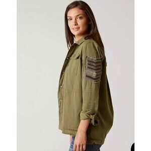 BKE Khaki Utility Jacket with Patterned Sleeves